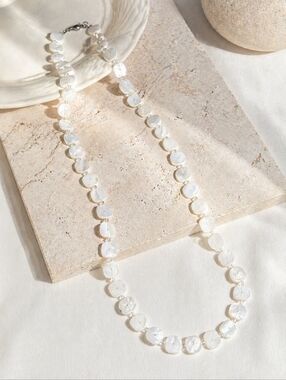 Mother of Pearl Long Necklace 40.5” Iridescent Shell Beaded Coastal Resort Layer
